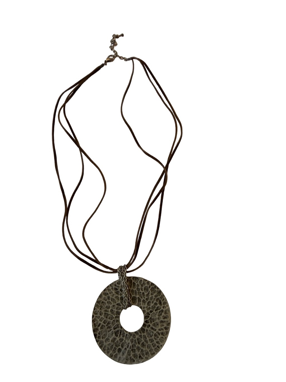 Reversible Textured Circle Pendant Necklace | Brown Multi-Strand Cord | Gunmetal - Picture 8 of 13